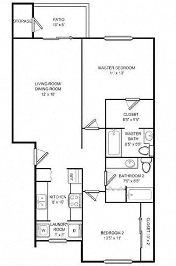Floor plan for 2 beds, 2 baths, 982 sqft